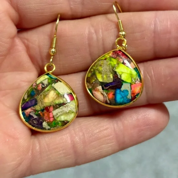 CLYTIA LOVE HANDMADE NATURAL JASPER STONE DROP DANGLE HOOK 1.3" EARRINGS - Picture 2 of 9